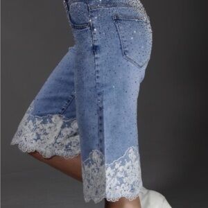 Elegant Lace-Trimmed Blue Denim Capris